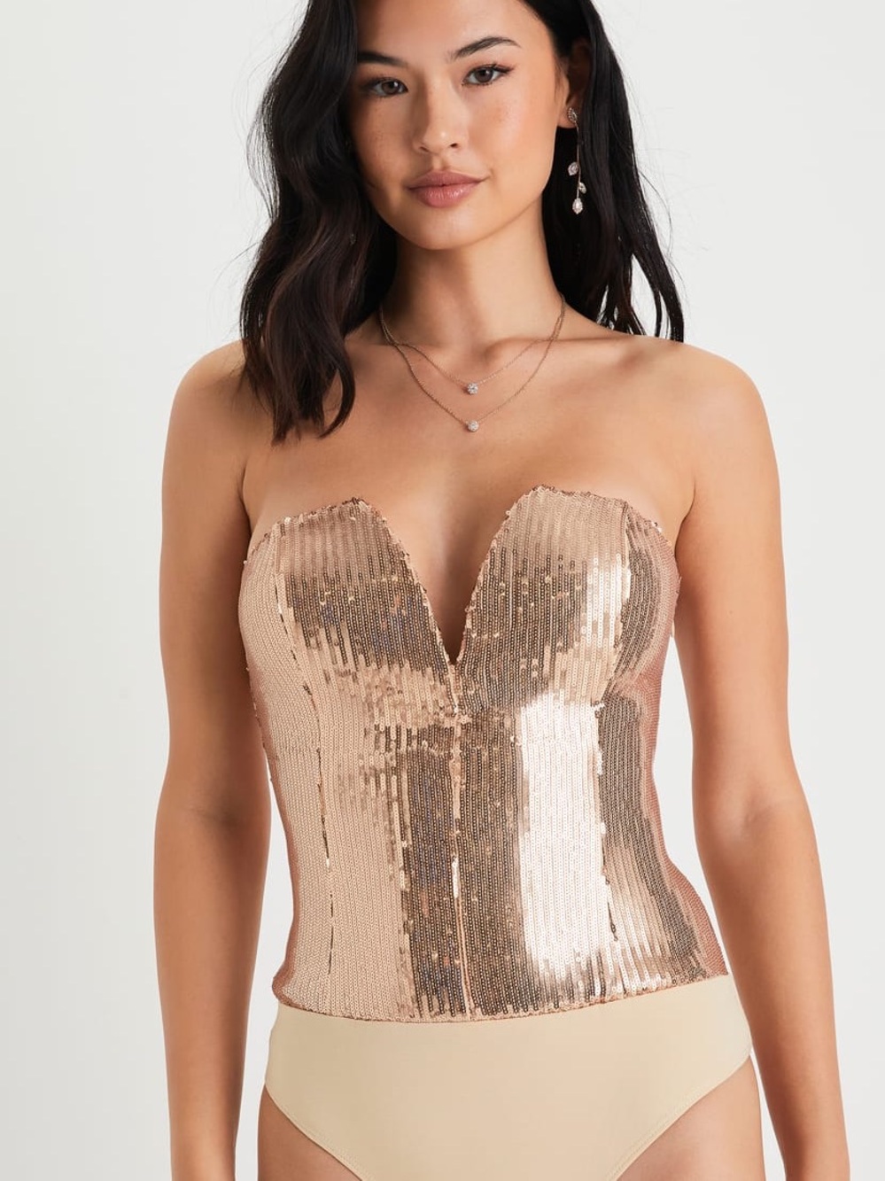 Lulus Charismatic Shine Rose Gold Sequin Strapless Bodysuit